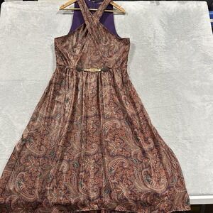 Lauren Ralph Lauren Maxi Dress Women 16 Orange Brown Paisley Pattern Vtg Elegant